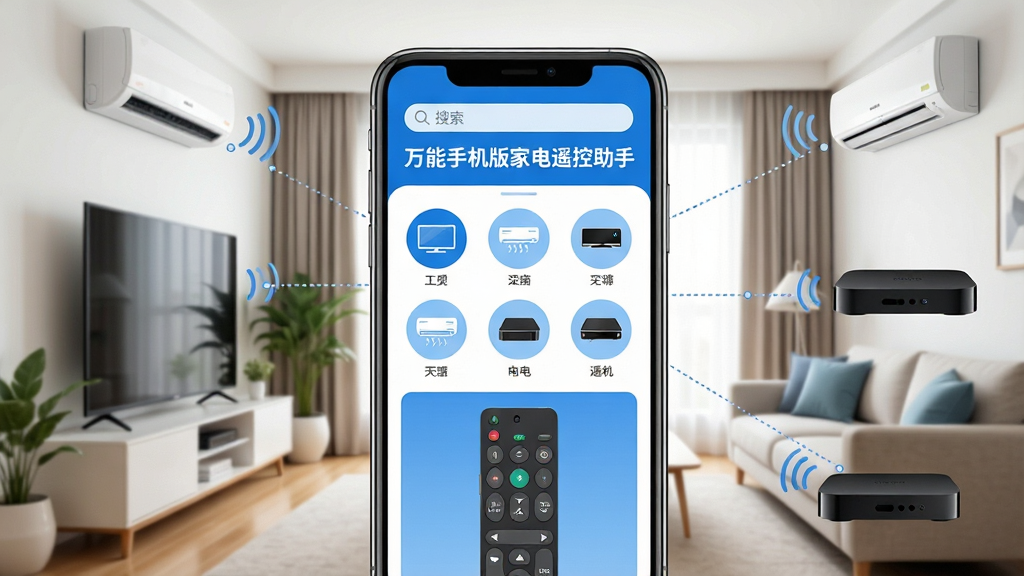 画面中央是一部现代智能手机,手机屏幕亮起显示“万能手机版家电遥控助手”的应用界面,界面以蓝白配色为主,布局简洁,顶部有搜索栏,中间是电视、空调、机顶盒等常用家电的圆形图标按钮,底部是遥控器操作面板的预览图。手机周围环绕着各种家用电器,如客厅里的电视、墙上的空调、机顶盒等,用虚线连接手机与家电,表示遥控信号。背景是温馨的现代家居客厅环境,整体风格明亮、干净、科技感十足,画质高清,细节清晰,无多余元素。
