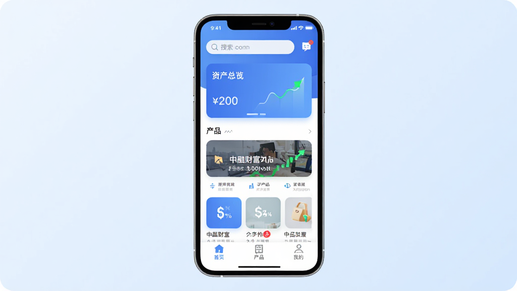 ���ڲƸ�App������ȫòչʾ������������һ�������ֻ�����Ļ��ʾApp��ҳ������������������Ϣͼ�꣬�м����ʲ�������Ƭ�Ͳ�Ʒ�б����ײ�Ϊ��ҳ����Ʒ���ҵ�����������ǩ������Ϊ�ɾ���ǳ��ɫ���䣬����ִ���ƽ����ϸ��Բ�󣬻����������޶���Ԫ�ء�