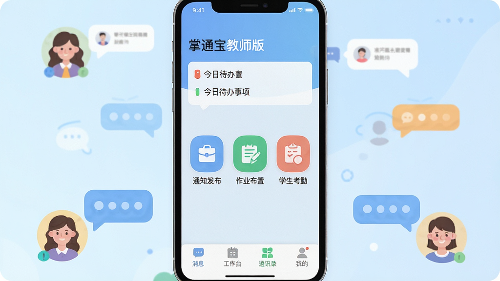 �ֻ���Ļ����չʾ��ͨ����ʦ��App�����棬������ʾ�༶���ƺͽ��մ�������м���֪ͨ��������ҵ���á�ѧ������������ťͼ�꣬�ײ�����������Ϣ������̨��ͨѶ¼���ҵ��ĸ�ѡ������ǵ���ɫ���䣬��Χ�����żҳ�ͷ�����Ϣ���ݵĲ廭Ԫ�أ���������ˬ��࣬��ƽ����ƣ����������޶���װ�Σ����ʸɾ�