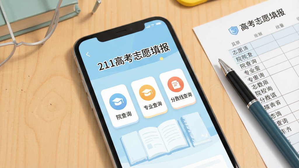 һ���ֻ���Ļչʾ���棬��Ļ�����ǡ�211�߿�־Ը���APP����ҳ��ҳ�涥��д�С�211�߿�־Ը����������м���ʾԺУ��ѯ��רҵ��ѯ�������߲�ѯ������ťͼ�꣬��������ܰ��ǳ��ɫ���������������ֻ��Ա߷���һ֧�ʺ�һ��־Ը�ݱ���������±�ƽ�����ʸɾ��޶���Ԫ�ء�
