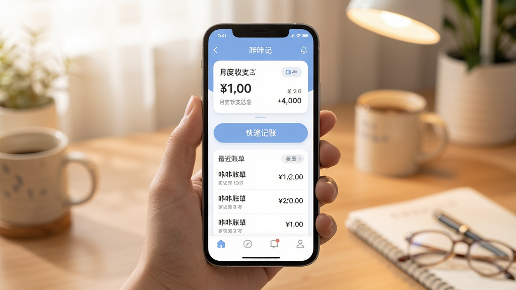 咔咔记应用主界面展示,画面中央是手机屏幕,屏幕内显示咔咔记记账应用的主页,顶部有月度收支汇总卡片,中间是快速记账按钮和最近账单列表,底部为导航栏,整体布局简洁清晰,风格现代扁平,配色以柔和的蓝白色为主,细节圆润,画质干净,无多余元素,画面中有一只手拿着手机,背景是温馨的书桌环境,光线柔和