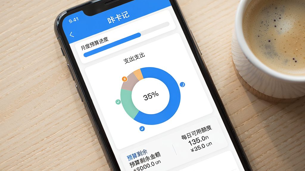 咔咔记预算管理界面展示,手机屏幕中显示咔咔记应用的预算设置页面,顶部是月度预算进度条,中间是各类别支出占比的环形图,下方是预算剩余金额和每日可用额度,界面风格清爽,蓝白配色,图标简约,画质干净,无多余元素,背景为浅色木纹桌面,旁边放着一杯咖啡