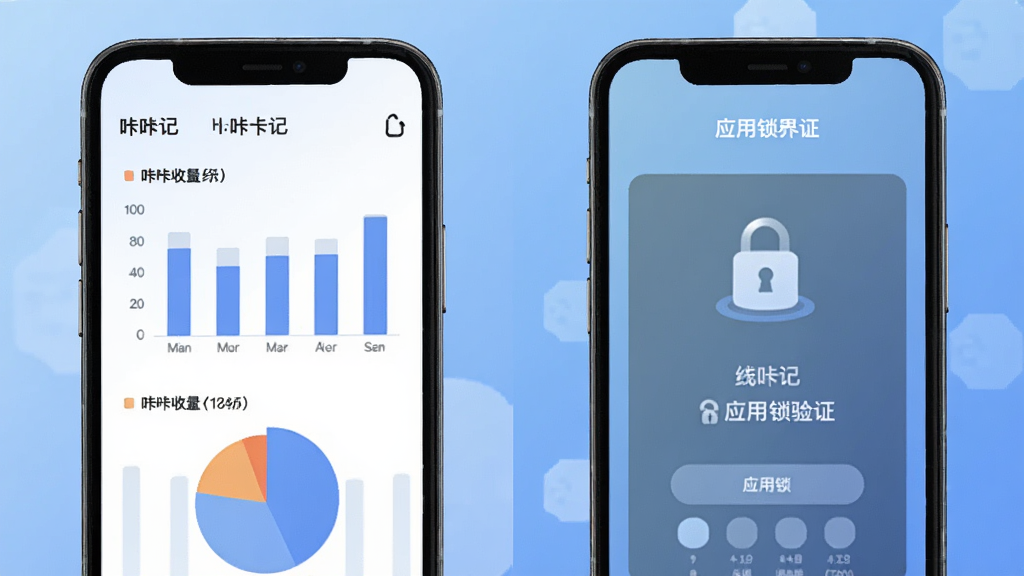 咔咔记数据统计与安全界面展示,手机屏幕分成两部分,左侧显示咔咔记的月度收支柱状图和饼图,右侧显示应用锁验证界面,背景是柔和的渐变蓝色,图标清晰,文字标签明确,整体风格现代扁平,画质干净,无多余元素,画面中有一把锁的图标象征数据安全