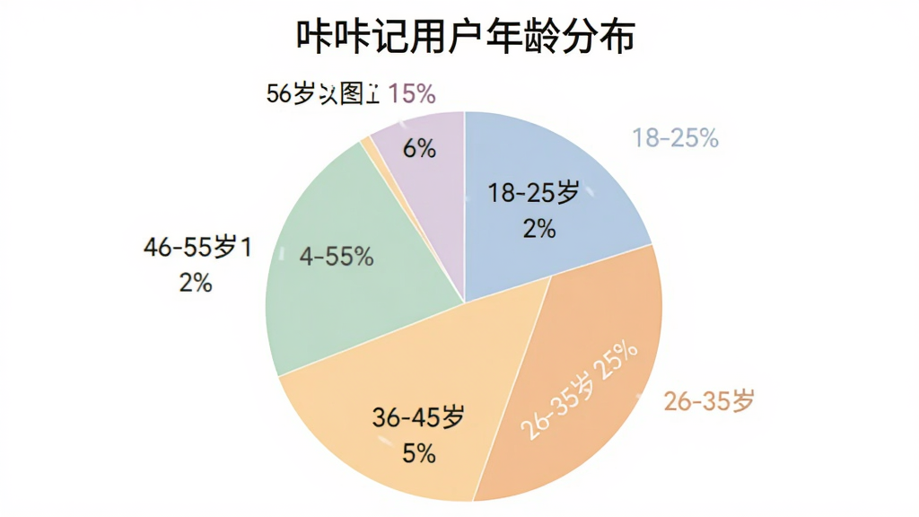 咔咔记用户年龄分布饼状图,图表标题为“咔咔记用户年龄分布”,饼图分为五个扇区,分别标注“18-25岁 22%”“26-35岁 35%”“36-45岁 25%”“46-55岁 12%”“56岁以上 6%”,配色柔和,图表清晰,风格简洁现代,画质干净,无多余元素,背景为白色
