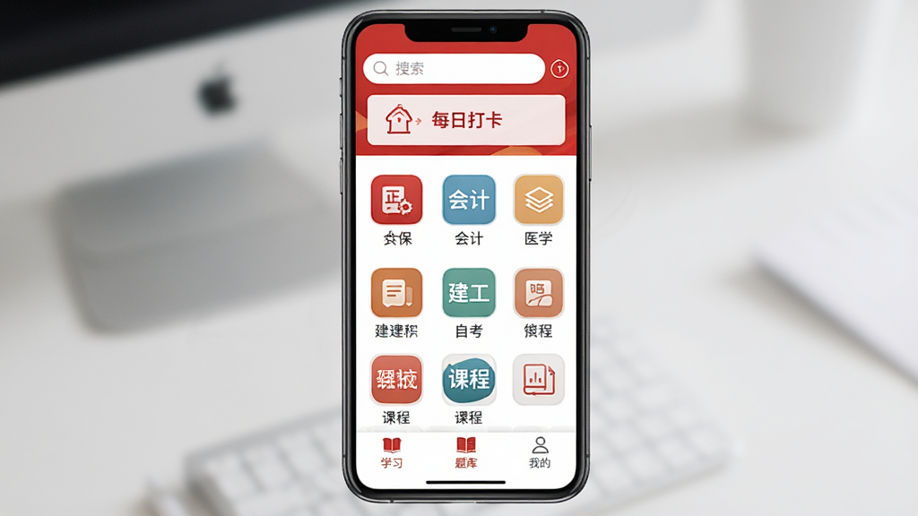 ����ְҵ����APP�������ͼ���ֻ���Ļ����չʾ����������������ÿ�մ���ڣ��м��ǻ�ơ�ҽѧ���������Կ��ȿγ̷���ͼ�꣬�ײ���ѧϰ����⡢�ҵ�����ѡ���������������Ͱ�ɫΪ��ɫ���������רҵ�����������ɾ��޶���Ԫ��