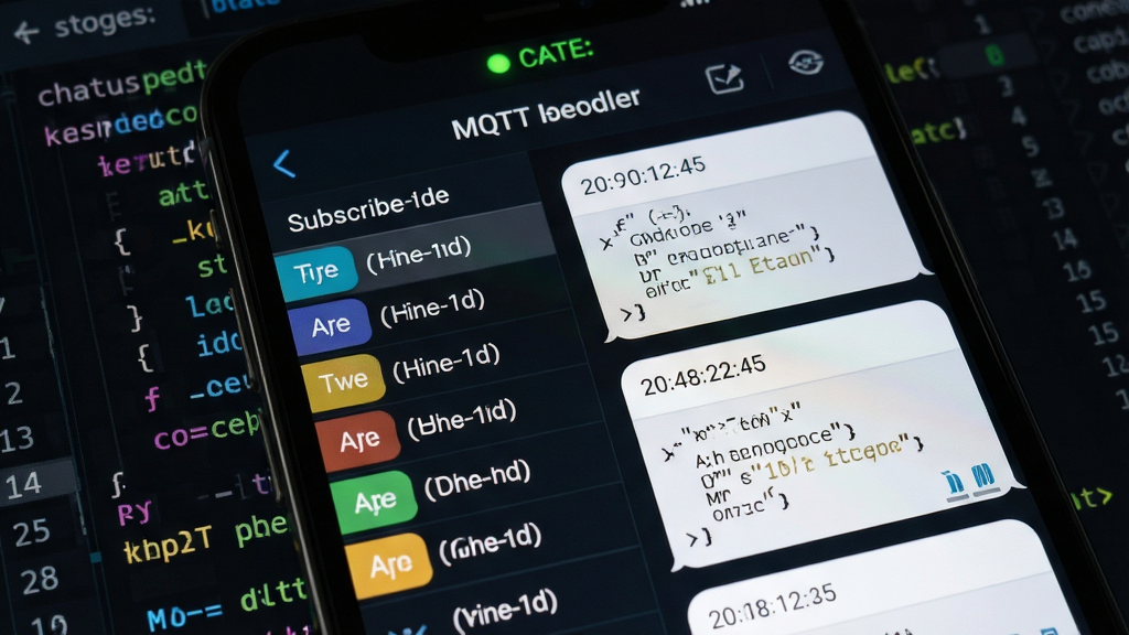 һ��չʾMQTT��������Ϣ�շ����ܵ���дͼƬ���������ֻ���Ļ��ʾ�Ŷ��������б���ʵʱ��Ϣ���ݣ�����в�ɫ��ǩ���ֲ�ͬ���⣬�Ҳ���Ϣ�����ڰ���ʱ�����JSON��ʽ���������ݣ���������ɫ����༭����񣬶���������״ָ̬ʾ�ƣ����岼���������������������ʸɾ��޶���Ԫ��