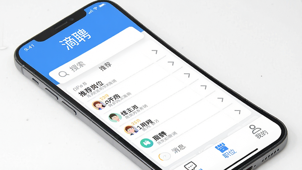һ���ֻ���Ļչʾ��ƸAPP�����棬���涥����ʾ����Ƹ���������м�����������Ƽ���λ�б����ײ�����Ϣ��ְλ���ҵ�����������ť����������ɫ�Ͱ�ɫΪ��ɫ����������ִ������ʸɾ�������û�ж���Ԫ��