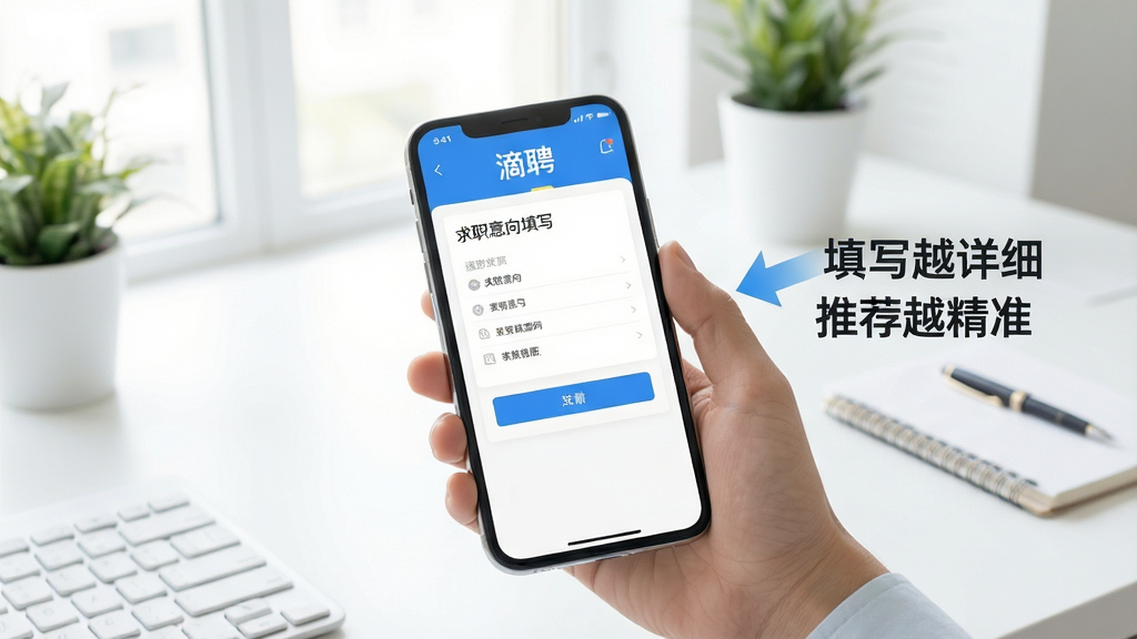 ��ƸAPPʹ�ü���ʾ��ͼ��������һֻ�������ֻ�����Ļ����ʾ��Ƹ����ְ������дҳ�棬�Ա��м�ͷ��ע����дԽ��ϸ�Ƽ�Խ��׼���������Ǽ��İ칫���棬����������������ʸɾ��޶���Ԫ��