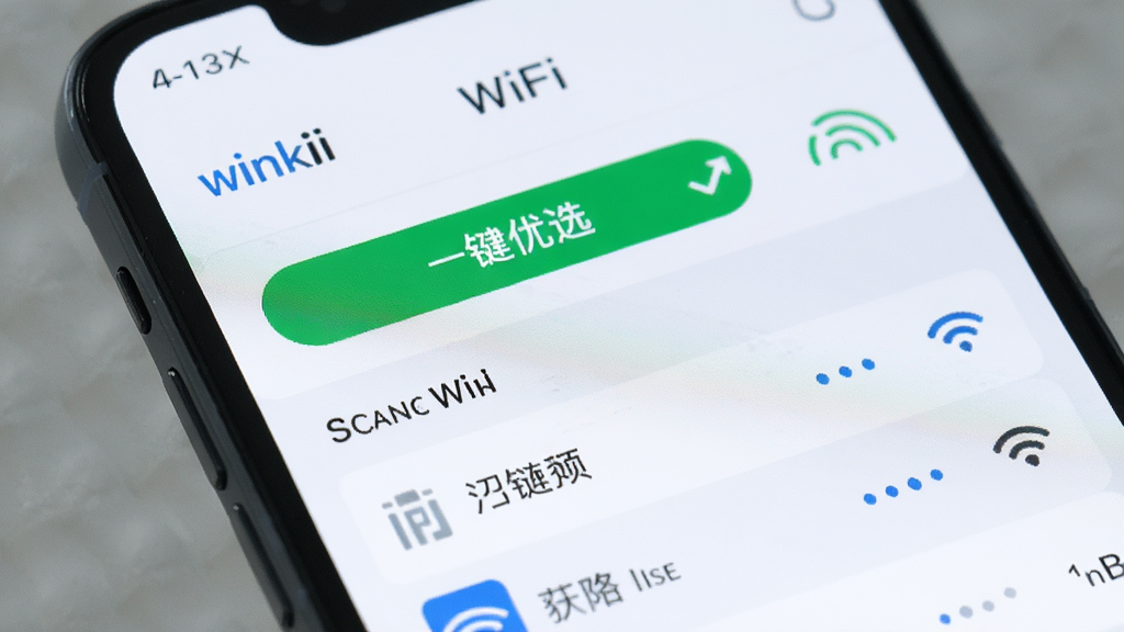 һ���ֻ���Ļ����д��Ƭ����Ļ����ʾ��winkii������ɨ�踽����WiFi�б����б�������һ����ɫ�ġ�һ����ѡ����ť���Ա����ź�ǿ��ͼ�꣬������Ƽ�࣬�԰�ɫ����ɫΪ��ɫ�������ʸ��壬�������ǳ���ˬ