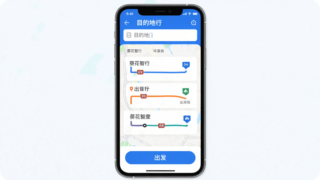 ������������·�߸������ܽ��棬�ֻ���Ļ��ʾ��ͼ·�ߺͳ��з����б���������Ŀ�ĵ�������м���������ͬ��ɫ��·�߶Աȣ��ײ��г�����ť����������ˬ��������ɫ�����ʸɾ��޶���Ԫ��