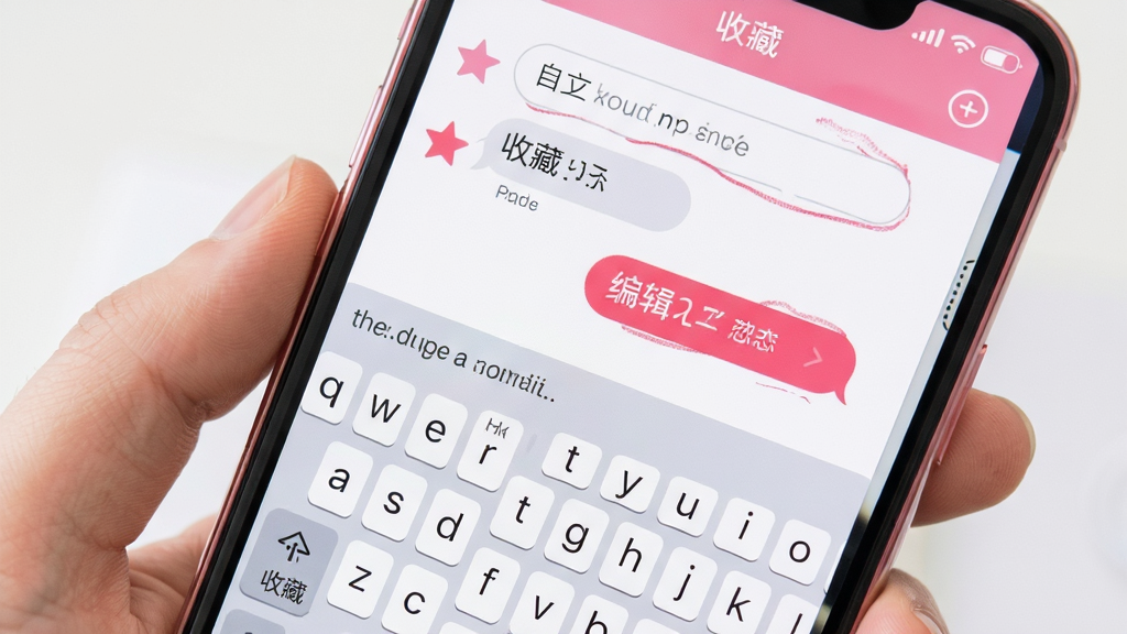 恋爱情侣聊天话术键盘 收藏夹界面 星标图标 自定义编辑框 手机屏幕 粉色点缀 布局简洁 功能按钮清晰 画质干净 无多余元素