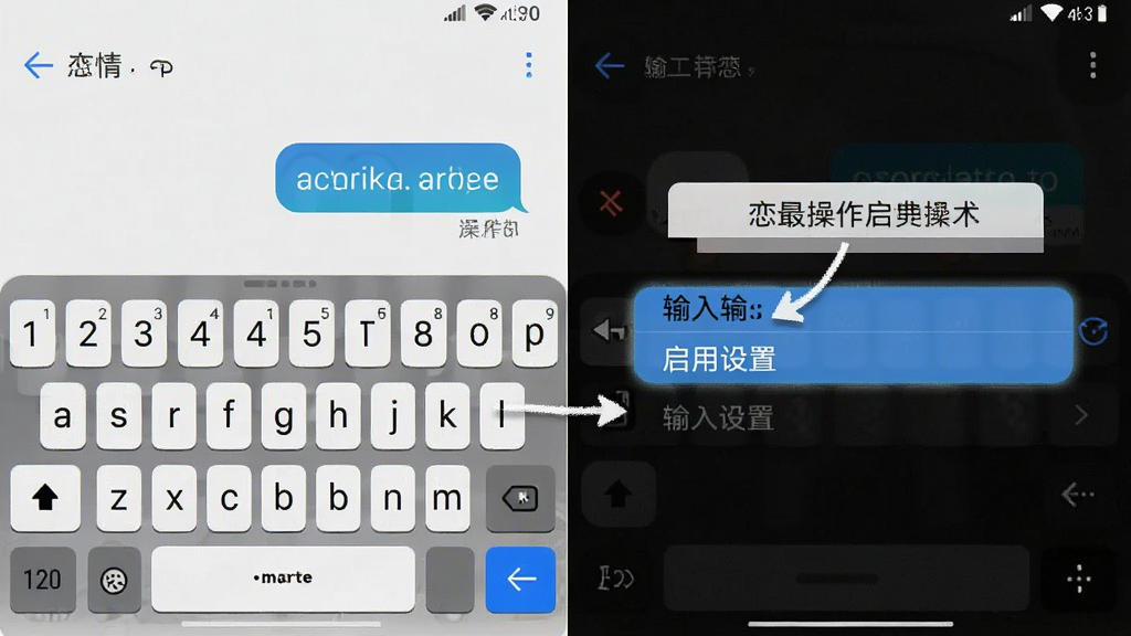 恋爱情侣聊天话术键盘 键盘启用设置步骤截图 手机系统设置界面 输入法选项高亮 操作指引清晰 画质干净 无多余元素