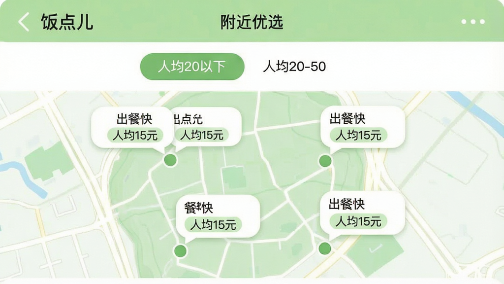 һ�š��������Ӧ���ڡ�������ѡ��ҳ��Ľ�ͼ���ʾ��ͼ����ͼ�ϱ�ע�˼���СԲ������͹ݣ�ÿ��Բ���Ա���������ʾ�͹����ƺͱ�ǩ�����Ϳ족���˾�15Ԫ����ҳ�涥����ɸѡ��ť���˾�20���¡����˾�20-50�������岼����������ɫ��ǳ��ɫ�Ͱ�ɫΪ�������ɾ���ˬ�����ʸɾ��޶���Ԫ�ء�
