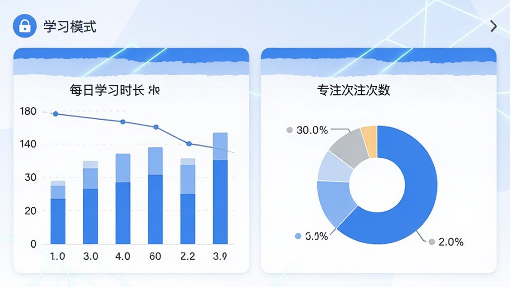 ѧϰģʽApp����ͳ��ҳ�棬չʾ��״ͼ�ͱ�״ͼ����ʾÿ��ѧϰʱ����רע��������������ɫ�Ͱ�ɫΪ����ͼ���������Ű����룬����ִ������ʸɾ��޶���Ԫ�ء�