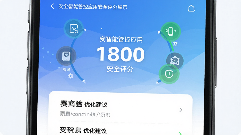 ��ȫ���ܹܿ�Ӧ�õİ�ȫ����չʾҳ�棬�ֻ���Ļ�����д�����ְ�ȫ���֣���Χ�����豸״̬ͼ�꣬�·����Ż������б�����������ˬ��Լ�����׽��䱳�������ʸ���ɾ��޶���Ԫ��