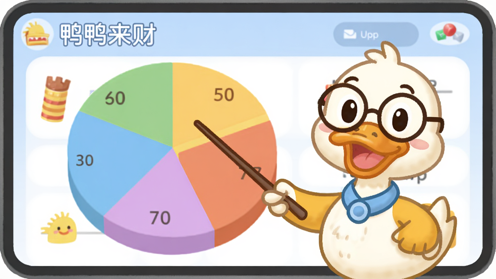 һֻ�����۾��Ŀ�ͨѼ��վ��һ��޴�ı�״ͼǰ�棬��״ͼ�ɲ�ͬ��ɫ��������ɣ�Ѽ����������һ���̱�ָ��ͼ���������ǡ�ѼѼ���ơ�App�Ľ���Ԫ�أ���������죬ɫ����ͣ����������޶���Ԫ��