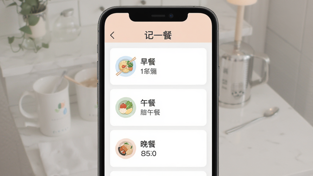 ��һ��ÿ����ʳ����ҳ�棬�ֻ���Ļ��ʾ��һ��App�ĵ��������ͼ����Ļ�ϱ�ע����һ�͡����֣����ݰ���͡���͡����ͷֶ����У�ÿ���ж�Ӧ��Сͼ���ʳ�����ƣ����岼����������ɫ��ͣ�����Լ�ִ������ʸɾ��޶���Ԫ��