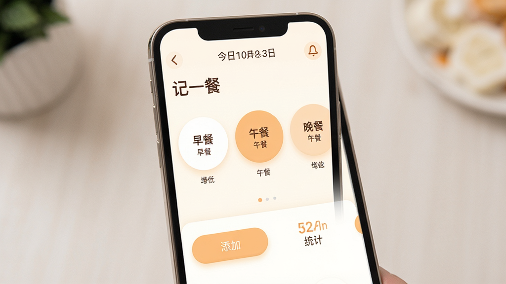 ��һ��Ӧ���������ͼ����������չʾ�ֻ���Ļ����Ļ���Ǽ�һ��App����ҳ���֣�������ʾ�������ں͡���һ�͡����ֱ�ʶ���м�����͡���͡���������Բ�μ�¼��Ƭ���ײ������Ӱ�ť��ͳ����ڣ�������ɫ��ů�׺�ǳ��ɫΪ����������¼�࣬ϸ��Բ�󣬻��������ɾ����޶���Ԫ��