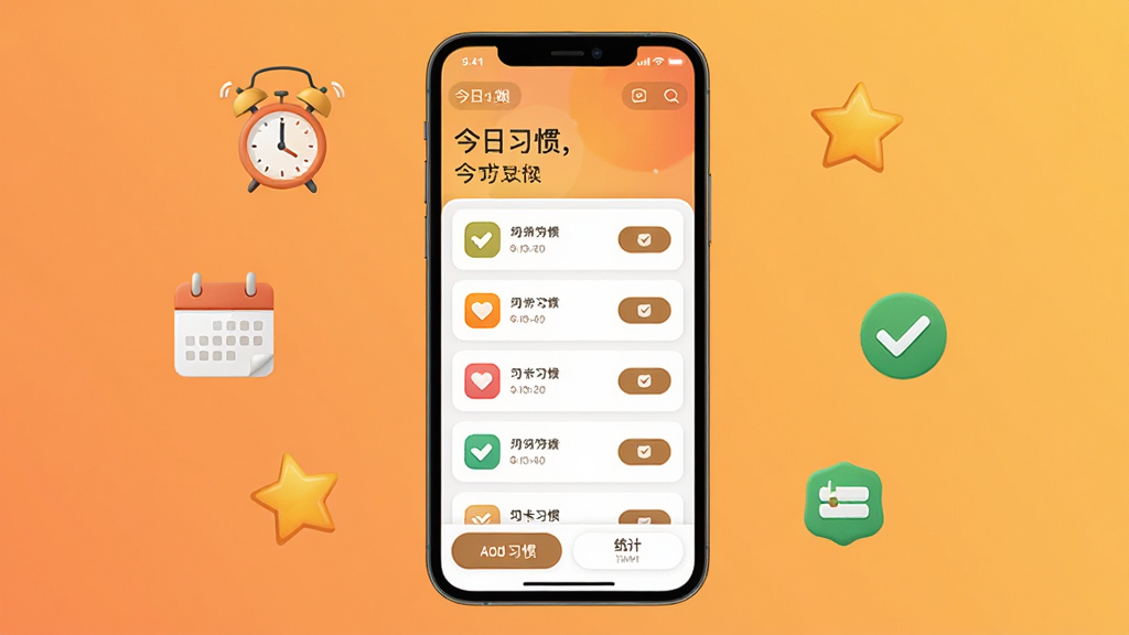 ����ϰ��App������ȫòչʾ,����������һ���ֻ�,�ֻ���Ļ����ʾ����ϰ��App����ҳ,�����н������ں��ʺ���,�м���ϰ�ߴ��б�,ÿ��ϰ������ͼ��ʹ򿨰�ť,�ײ�������ϰ�ߺ�ͳ�����,�ֻ���Χ���������ӡ����������ǡ��Թ���Сͼ��,��������ܰ��ůɫ������,������¼��,ϸ�ڷḻ,���ʸɾ��޶���Ԫ��
