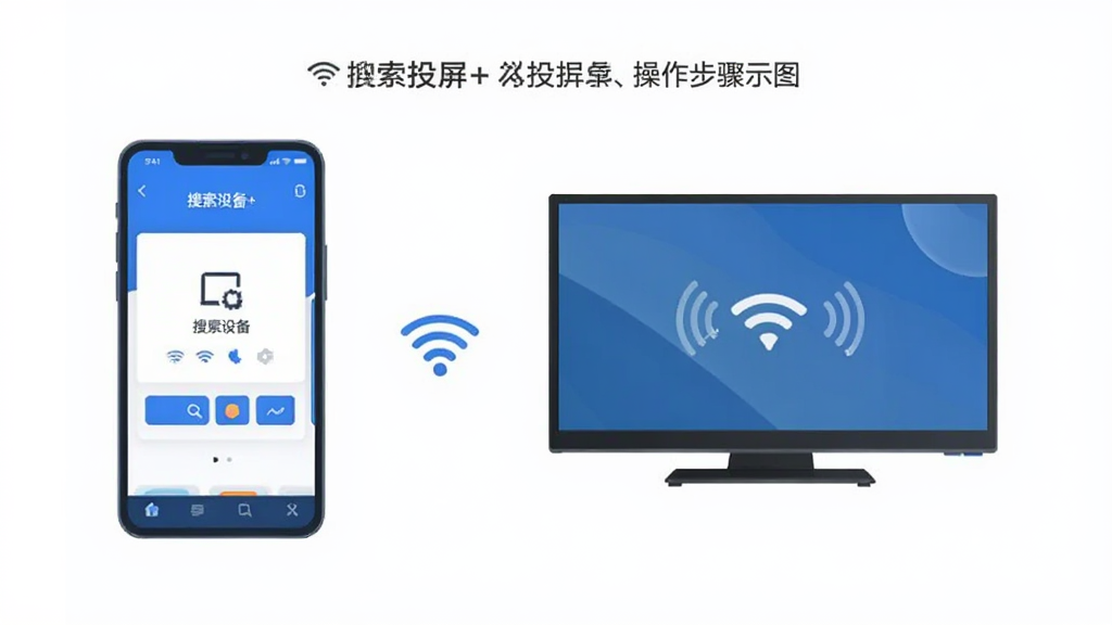 投屏+ 操作步骤示意图,手机和电视连接同一WiFi网络,手机上打开投屏+搜索设备,界面简洁清晰,蓝白配色,扁平化设计风格,画质干净无多余元素