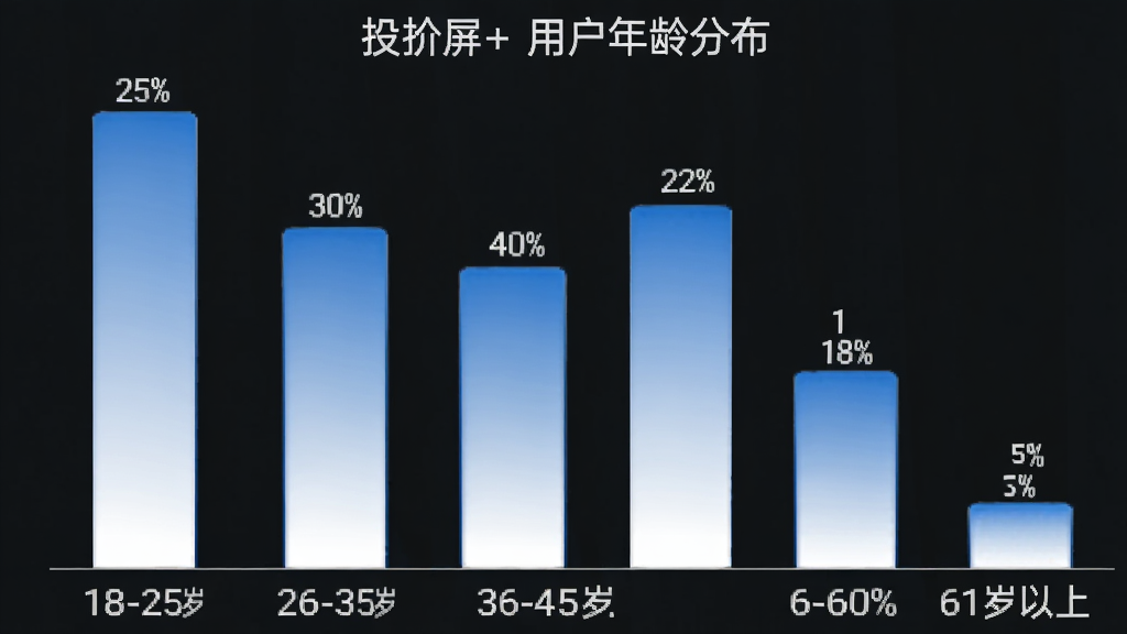 投屏+ 用户年龄分布柱状图,18-25岁占比25%,26-35岁占比30%,36-45岁占比22%,46-60岁占比18%,61岁以上占比5%,柱状图颜色蓝白渐变,简洁清晰,数据标签明确,干净无多余元素