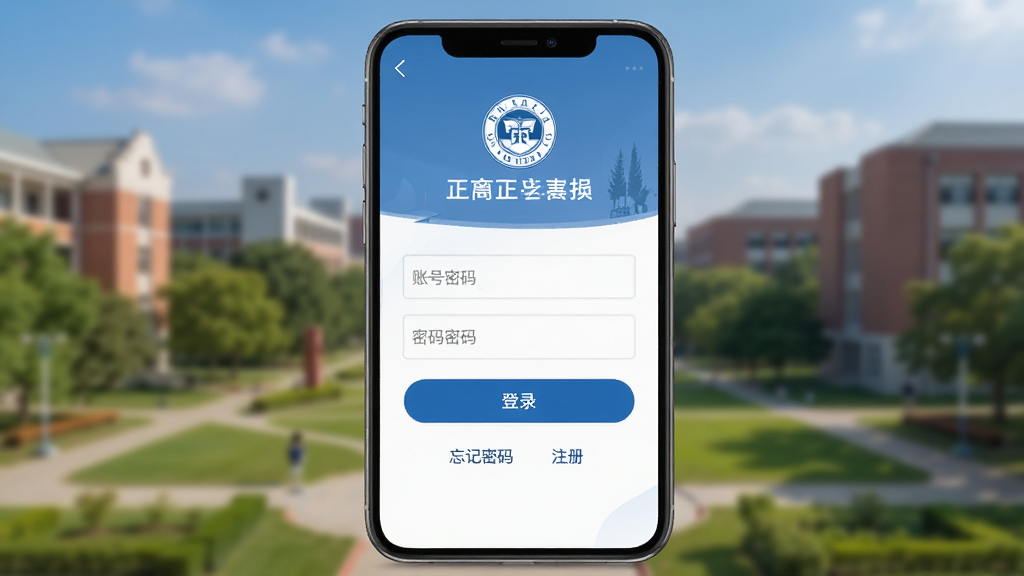 �ֻ���Ļ��ʾ������APP�ĵ�¼���� �Ϸ���ѧУLogo������ �м����˺����������͵�¼��ť �·������������ע������ ������У԰�羰�黯ͼ ����Ͻ� �������� �޶���Ԫ��