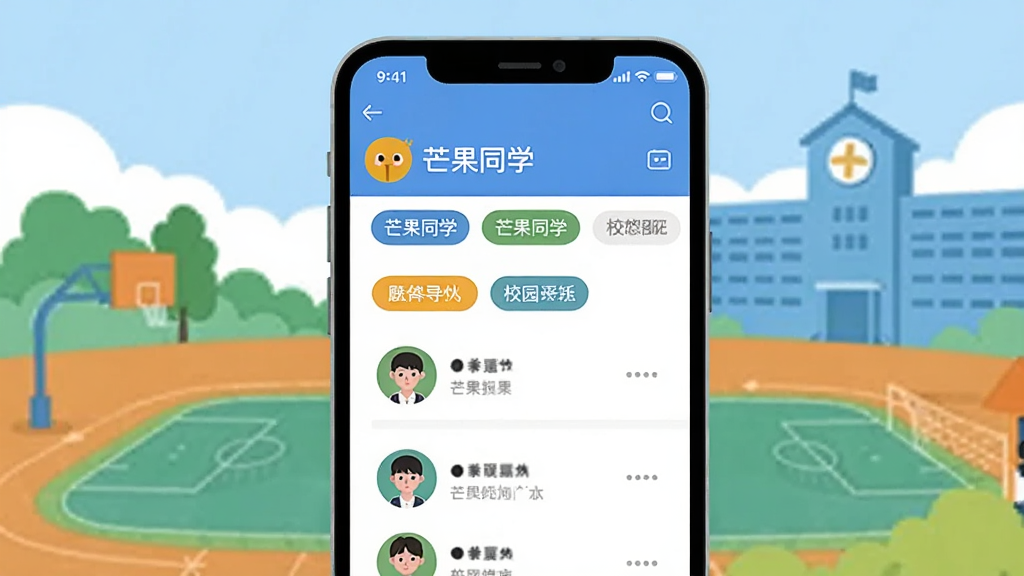һ�ű�ƽ���廭��չʾһ���ֻ���Ļ����Ļ����ʾ��â��ͬѧ����У԰Ȧ��ҳ�棬�в�ͬѧУ�ı�ǩ���û�ͷ���б���������У԰�ٳ��ͽ�ѧ¥��Ӱ������������죬ɫ���������̡���Ϊ����ϸ�ڸɾ�����������