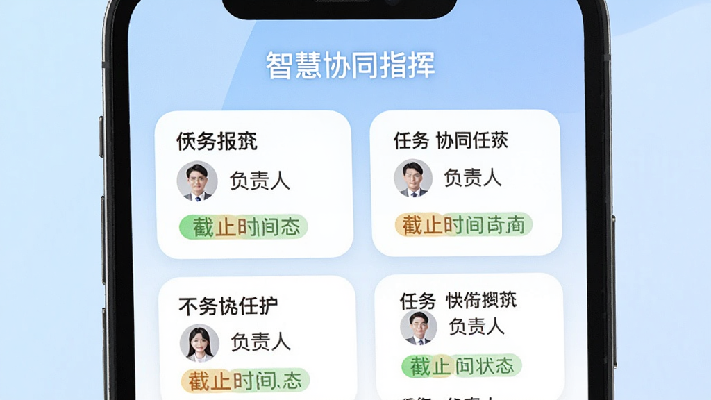智慧协同指挥任务派发界面,手机屏幕显示任务卡片列表,每张卡片上有任务标题、负责人头像、截止时间和状态标签,屏幕上方有