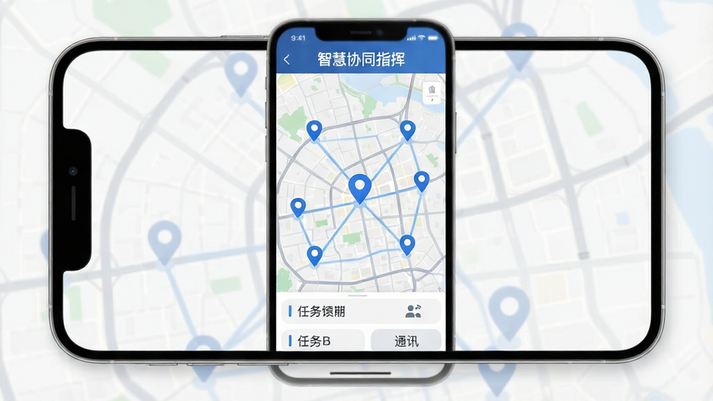 智慧协同指挥App主界面全貌展示,手机屏幕中央显示一张城市地图,地图上有多个蓝色定位标记点和连线,屏幕顶部有