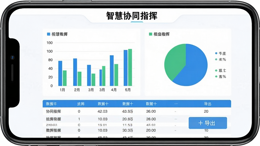智慧协同指挥数据统计界面,手机屏幕显示柱状图和饼状图,图表颜色为蓝色和绿色,下方有数据表格和导出按钮,屏幕顶部有