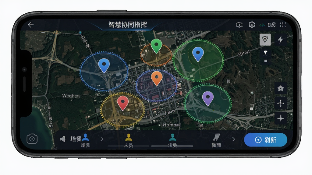 智慧协同指挥地图定位界面,手机屏幕显示卫星地图,地图上有多个彩色定位图标和圆形电子围栏区域,屏幕底部有人员列表和刷新按钮,屏幕顶部有