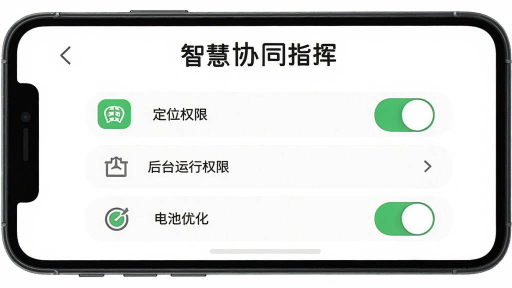 智慧协同指挥安装设置界面,手机屏幕显示权限设置页面,有定位权限、后台运行权限、电池优化三个开关按钮,屏幕上方有