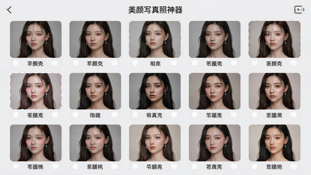 一张展示多款滤镜效果缩略图的图片,画面是“美颜写真照神器”的滤镜选择界面,屏幕中排列着不同风格的滤镜预览小图,每张小图下方有滤镜名称,界面背景为浅灰色,布局整齐,风格时尚,画质干净,无多余元素