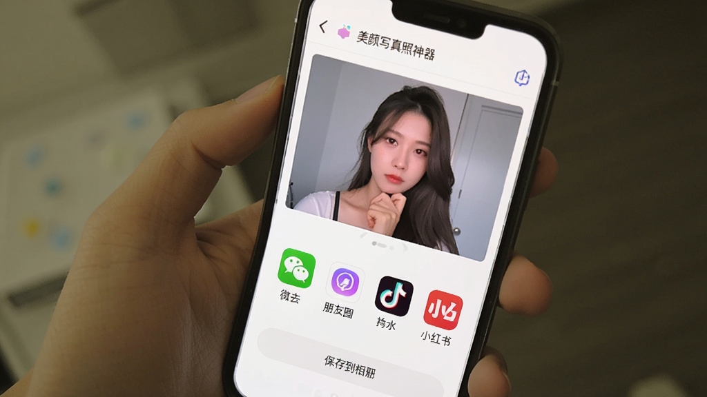 一张展示照片分享界面的图片,画面中手机屏幕显示“美颜写真照神器”的分享页面,照片预览位于上方,下方排列着微信、朋友圈、抖音、小红书等分享图标,底部有保存到相册按钮,界面以白色为主,风格简洁,画质清晰,无多余元素