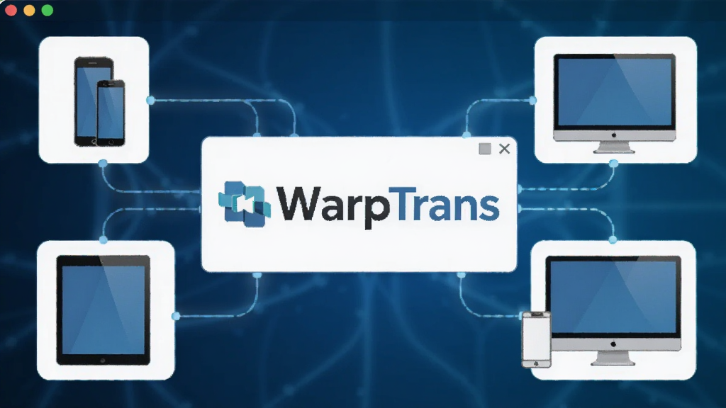 一张展示WarpTrans软件主界面的图片,画面中央是WarpTrans的Logo,周围环绕着手机、平板、电脑等设备图标,设备之间用发光的线条连接,代表文件传输,背景是深蓝色科技感渐变,风格简洁现代,画质清晰干净无多余元素