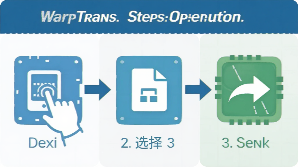 一张展示WarpTrans操作步骤的示意图,画面分为三个步骤,第一步是点击设备,第二步是选择文件,第三步是点击发送,每一步都有对应的图标和箭头指示,风格简洁明快,画质清晰干净无多余元素