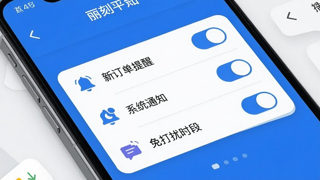 丽刻平台消息提醒设置界面,画面展示手机屏幕上的通知设置选项,包括“新订单提醒”“系统通知”“免打扰时段”等开关按钮,旁边有铃铛和消息气泡的图标装饰,界面风格简洁现代,蓝白配色,文字标签清晰,画质干净无多余元素