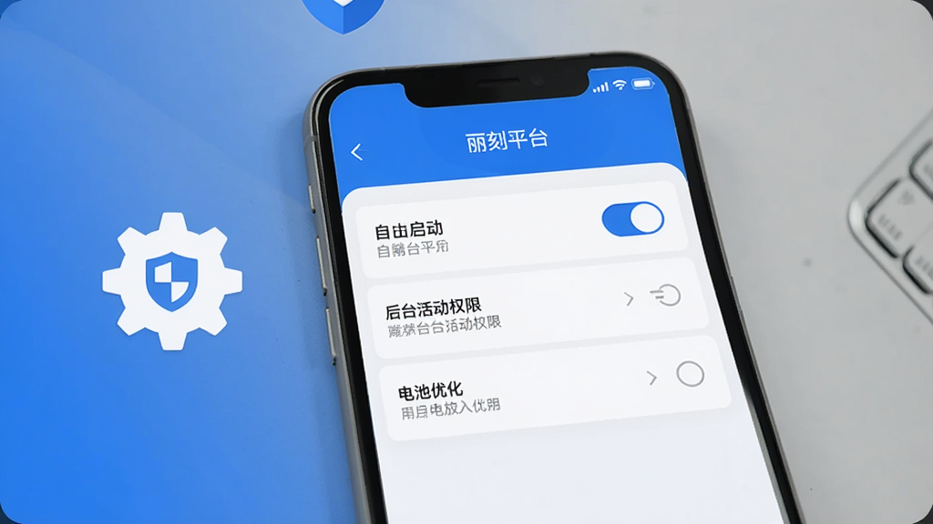 丽刻平台后台设置界面展示,画面中手机屏幕显示“丽刻平台”应用管理页面,包含自启动开关、后台活动权限、电池优化选项等设置项,旁边有齿轮和盾牌图标装饰,界面风格简洁,蓝白配色,文字标签清晰,画质干净无多余元素