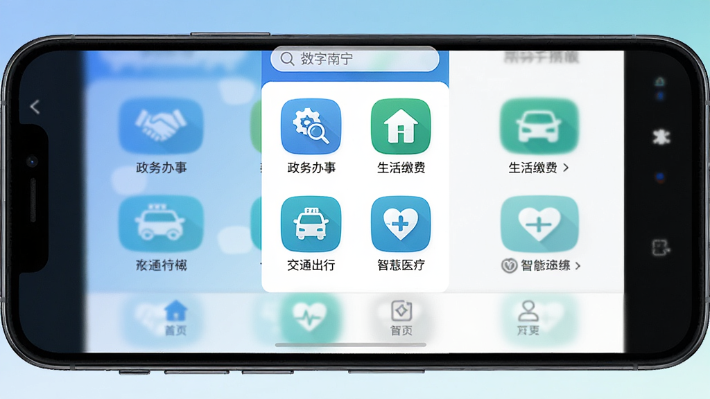 ��������App������ȫòչʾ������Ϊһ�������ֻ���Ļ����Ļ����ʾ��������Ӧ����ҳ�����ְ����������������в�����ͼ�������������¡�����ɷѡ���ͨ���С��ǻ�ҽ�Ƶȣ��ײ�Ϊ���������Ű���������������ִ���Լ��ƽ����ϸ��Բ��ͼ��ɫ����������Ϊ�������ʸ���ɾ��޶���Ԫ�أ�����Ϊ��ɫ���䣬����������
