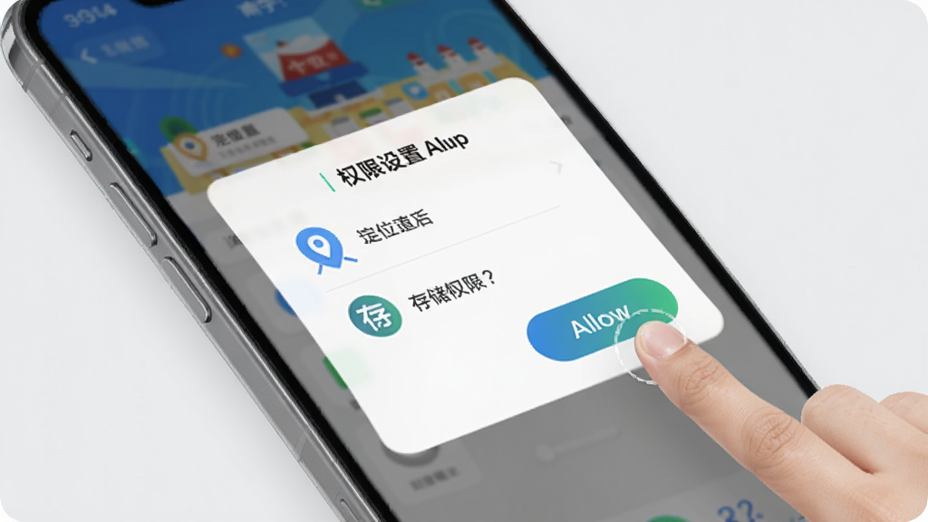 ��������App��װ��Ȩ�������������棬����Ϊ�ֻ���Ļ��ʾȨ�����󵯴���������λ�ʹ洢Ȩ��ѡ��Ű������������Ƽ��У�ϸ��ͼ����ȷ�����ʸ��壬����Ϊǳ��ɫ���Ա�����ָ���������ť�Ķ���ʾ�⣬�޶�������