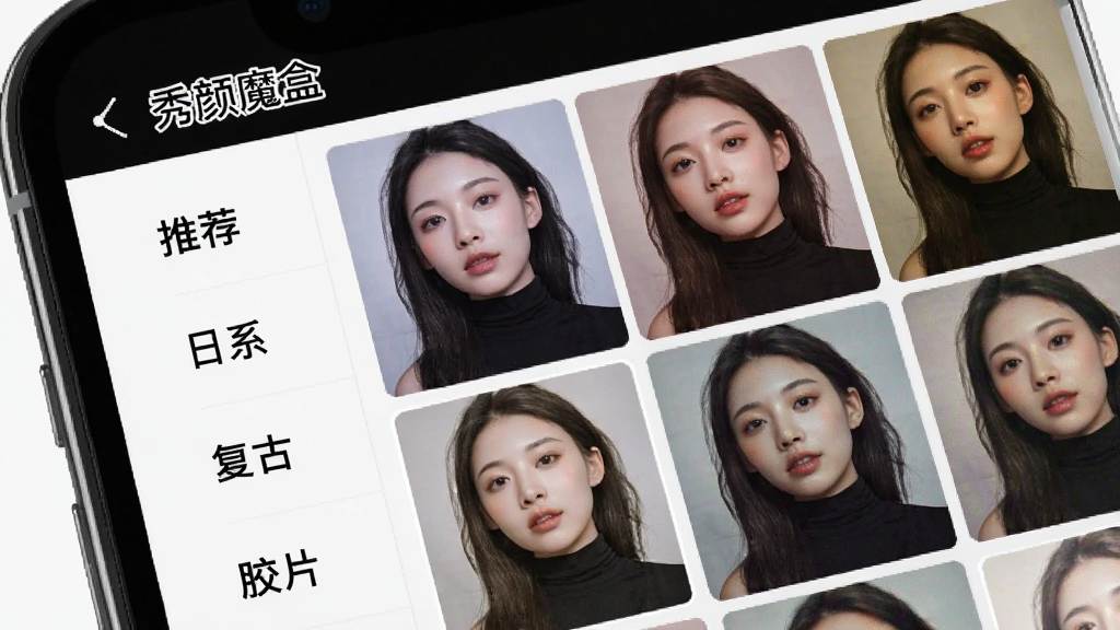 一张手机屏幕特写图片,屏幕中展示“秀颜魔盒”的滤镜选择界面,左侧是竖排的滤镜分类标签如“推荐”“日系”“复古”“胶片”,右侧是网格状排列的滤镜预览图,每张预览图都是同一张人像照片的不同色调效果,整体界面排版清晰,风格时尚,画质干净,无多余元素