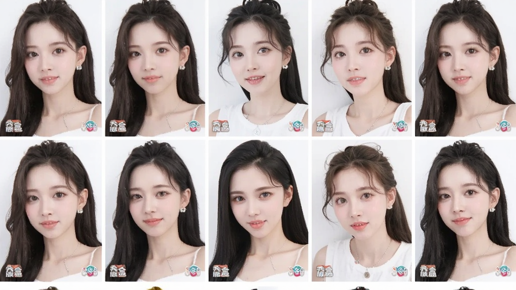 一张展示手机相册界面的图片,相册中排列着多张经过“秀颜魔盒”处理过的照片,照片风格统一为清新明亮的人像照,每张照片角落有一个小小的“秀颜魔盒”水印图标,背景是干净的白色,整体排版整齐,画质清晰,无多余元素