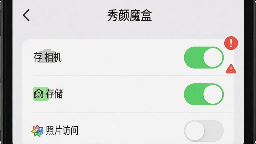 一张手机屏幕录屏截图风格的图片,画面中显示“秀颜魔盒”的权限设置界面,界面中有“相机”“存储”“照片访问”三个权限开关,其中“相机”和“存储”开关被高亮标注为绿色开启状态,旁边有一个红色的感叹号提示图标,整体风格直观清晰,画质干净,无多余元素