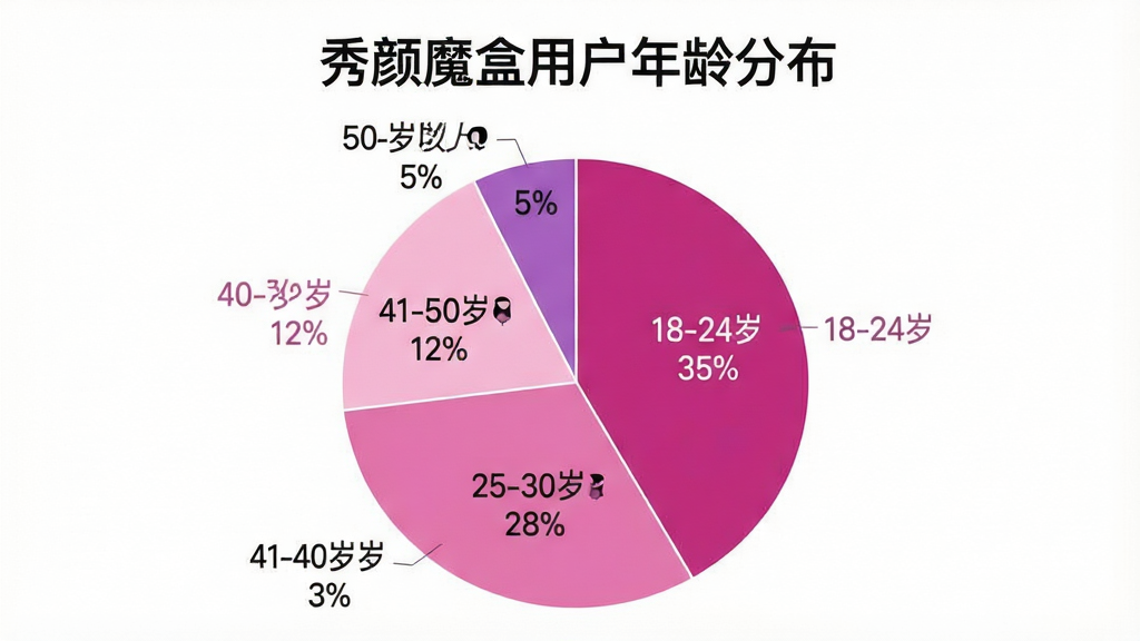 一张数据图表图片,图表标题为“秀颜魔盒用户年龄分布”,采用饼状图形式展示,饼图分为五个扇形区域,分别标注“18-24岁 35%”“25-30岁 28%”“31-40岁 20%”“41-50岁 12%”“50岁以上 5%”,每个扇形区域用不同深浅的粉色和紫色区分,图表背景为白色,文字标注清晰,整体风格简洁现代,画质干净,无多余元素