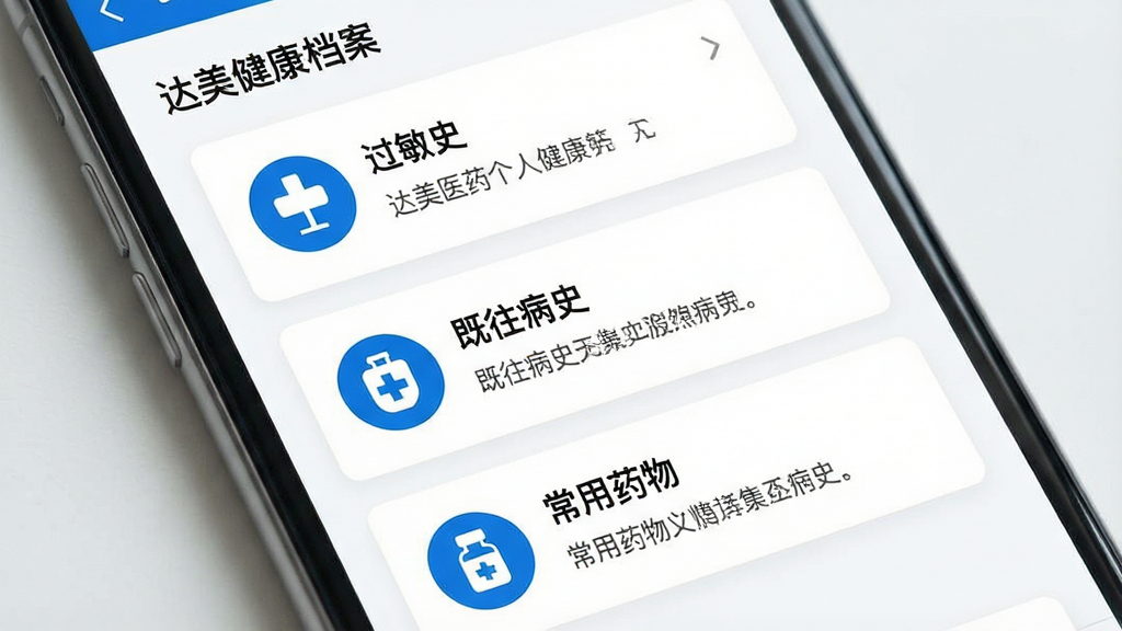 һ��չʾ������ҽҩ��App���˽����������ܵ�ͼƬ������Ϊ�ֻ���Ļ��д����Ļ����ʾ��������ҳ�棬����������ʷ����������ʷ��������ҩ�������Ϣ��Ƭ��ÿ����Ƭ�ж�Ӧ��ͼ��ͼ�Ҫ���֡�����Ϊ�������У������ˬ����ɫ��������ɫͼ���׺�����ʸɾ����޶���Ԫ�ء�