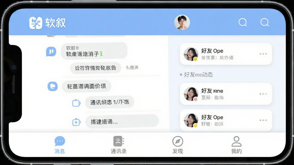 һ���ֻ�App�����ͼ�����������ǡ�����App�������棬������ʾ������Logo���û�ͷ���м��������б��ͺ��Ѷ�̬��Ƭ���ײ�����Ϣ��ͨѶ¼�����֡��ҵ��ĸ�����ͼ�ꡣ���������͵�������ɫ�����ָɾ���ˬ������ִ���ƽ����ϸ��Բ�󣬻����������޶���Ԫ�ء�