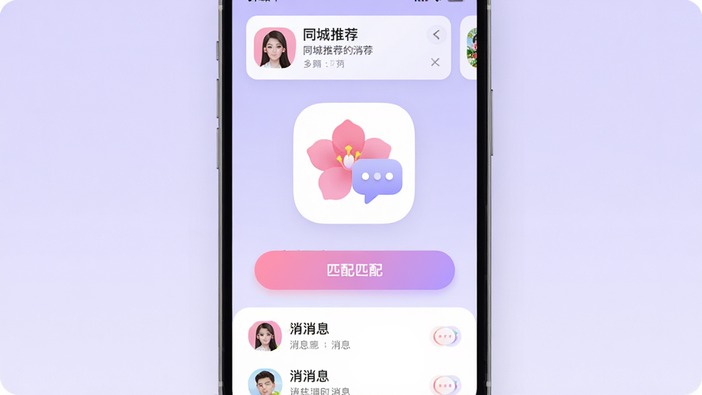 �黨App������չʾ���ֻ���Ļ������ʾ���黨��Appͼ�꣬ͼ��Ϊ��ɫ�������������ݽ�ϵ���ƣ�����Ϊǳ��ɫ���䣬���沼��������������ʾͬ���Ƽ���Ƭ���в�Ϊƥ�䰴ť���ײ�Ϊ��Ϣ�б�������ִ����£�ɫ����ͣ�ϸ��Բ�󣬻��ʸɾ����޶���Ԫ��