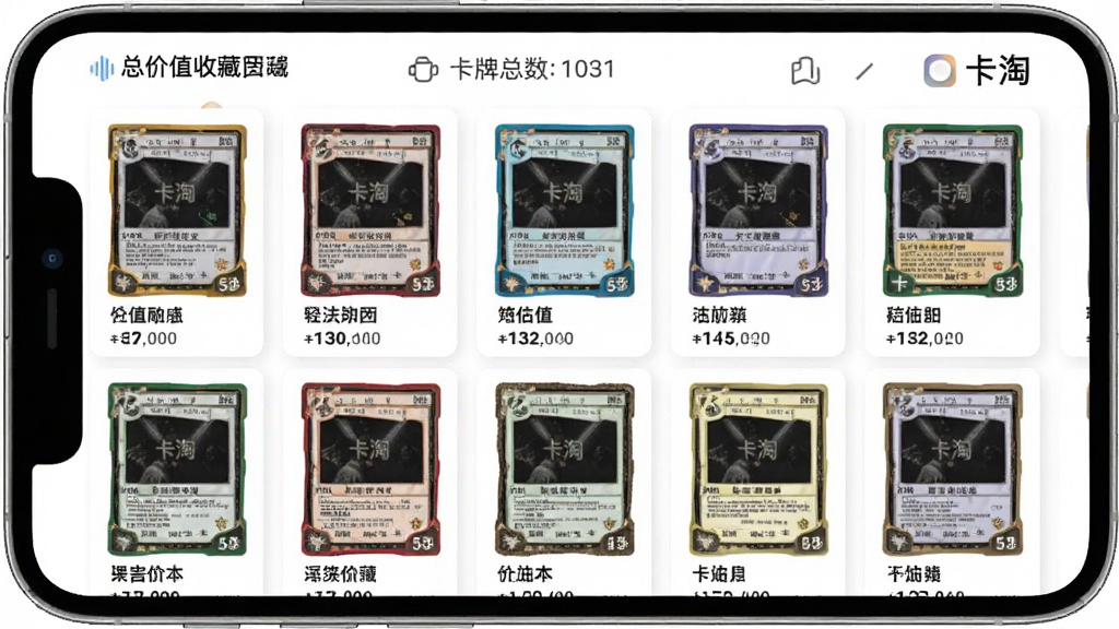 �����ǿ����ղع������棬����Ϊ�ֻ���Ļչʾ�ղز�������ͼ��ÿ�ſ�������ͼ�·���ע���ƺ͵�ǰ��ֵ����Ļ������ʾ�ղ��ܼ�ֵ�Ϳ����������Ű����������Ϊ��Լ��Ƭʽ��ƣ�ϸ����ÿ�ſ����в�ͬ��ɫ��ϡ�жȱ߿򣬱���Ϊ��ɫ�����ʸɾ����޶���Ԫ�أ�ͼƬ�д����֡����ԡ�