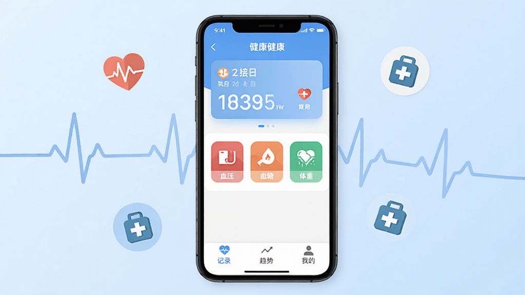 ��Ѱ����App������չʾ������������һ�������ֻ�����Ļ����ʾ��Ѱ����App����ҳ�������н������ݸ�����Ƭ���м���Ѫѹ��Ѫ�ǡ����صȼ�¼���ͼ�꣬�ײ��Ǽ�¼�����ơ��ҵ�����ѡ�������Ϊ�ɾ���ǳ��ɫ���䣬��ΧƯ�������ʲ��κͽ���ʮ��ͼ�꣬�������ִ���ƽ�����������ɾ����޶���Ԫ��