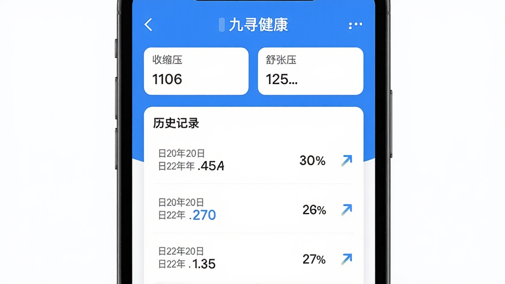 ��Ѱ����App���ݼ�¼���棬�ֻ���Ļ��ʾѪѹ��¼ҳ�棬�Ϸ�������ѹ������ѹ������м�����ʷ��¼�б���ÿ����¼�������ں���ֵ���Ҳ�������С��ͷ������Ϊ��ɫ��Ƭʽ��ƣ���ɫ������Ϊ�����������ˬ�����ʸɾ��޶���Ԫ��